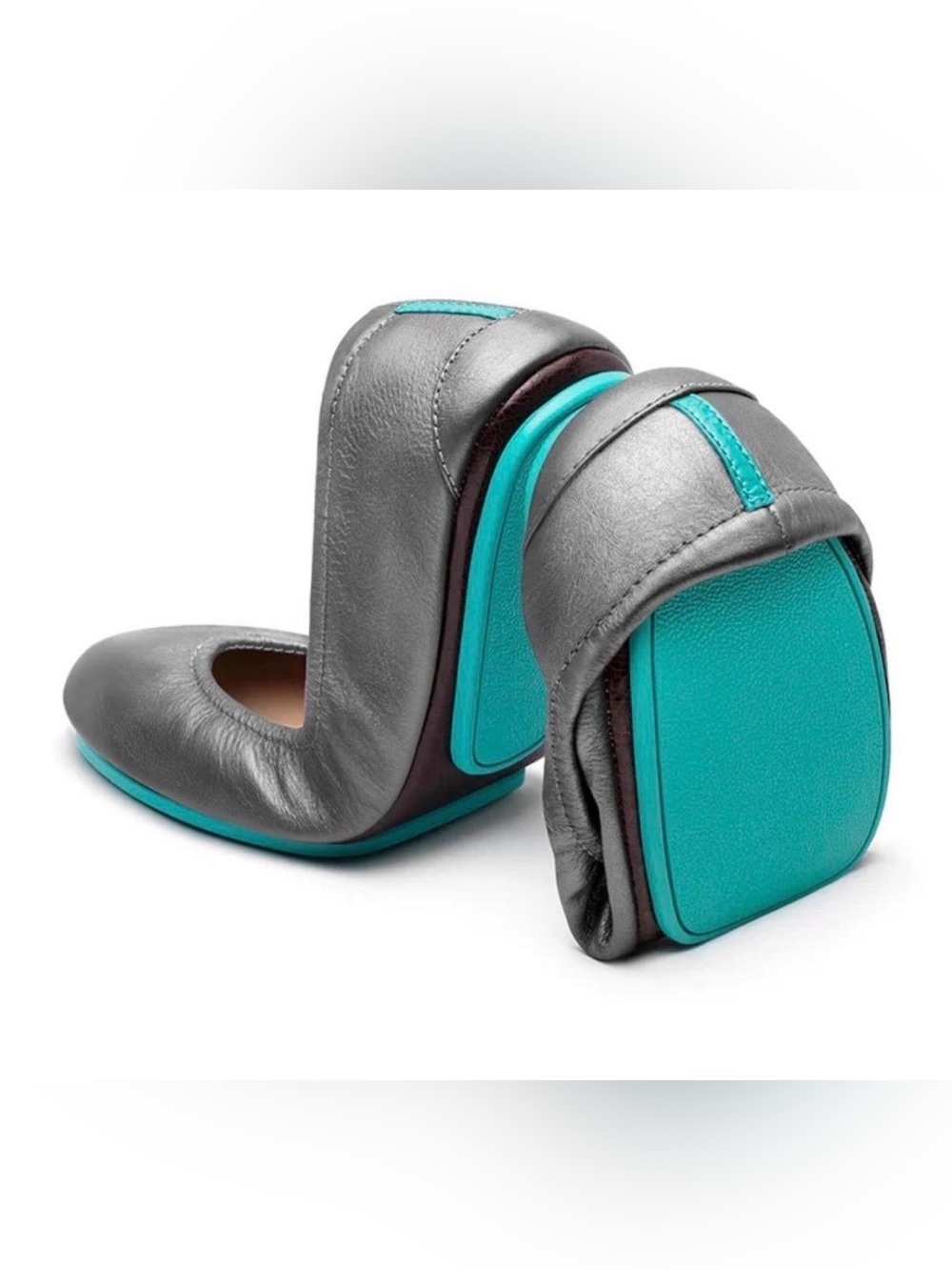 Tieks Silver Ballet Flats with Teal Stripe